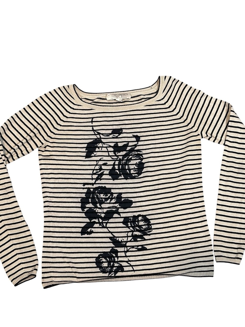 Vintage Belford Saks Fifth Avenue Silk Blend Striped Floral Sweater Black Cream